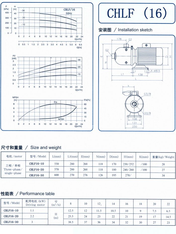 CHLF輕型立式不銹鋼多級離心泵安裝圖、尺寸、性能